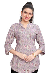 Violet Floral Print Short Top with Mandarin Collar